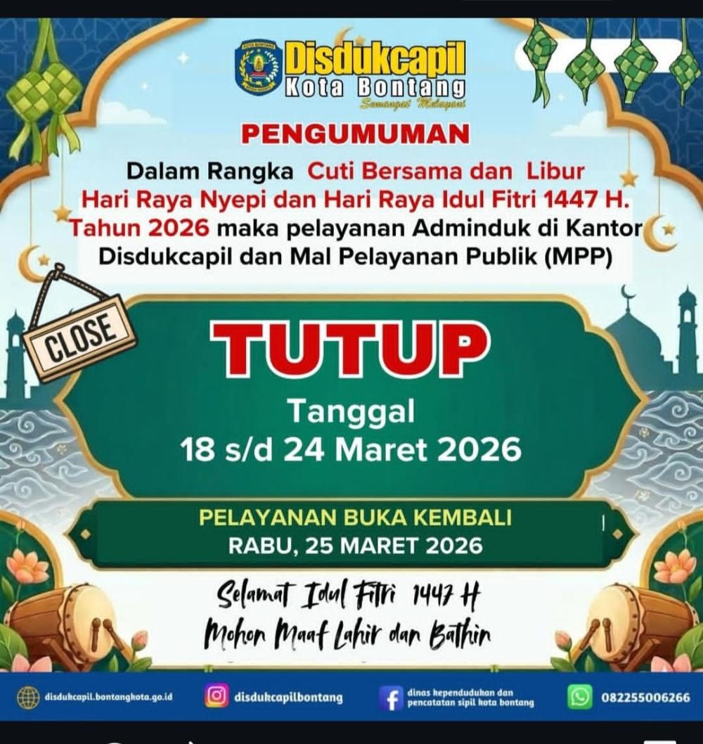 Sambut Nyepi dan Idulfitri 2026, Pelayanan Disdukcapil Bontang Tutup Mulai 18 Maret