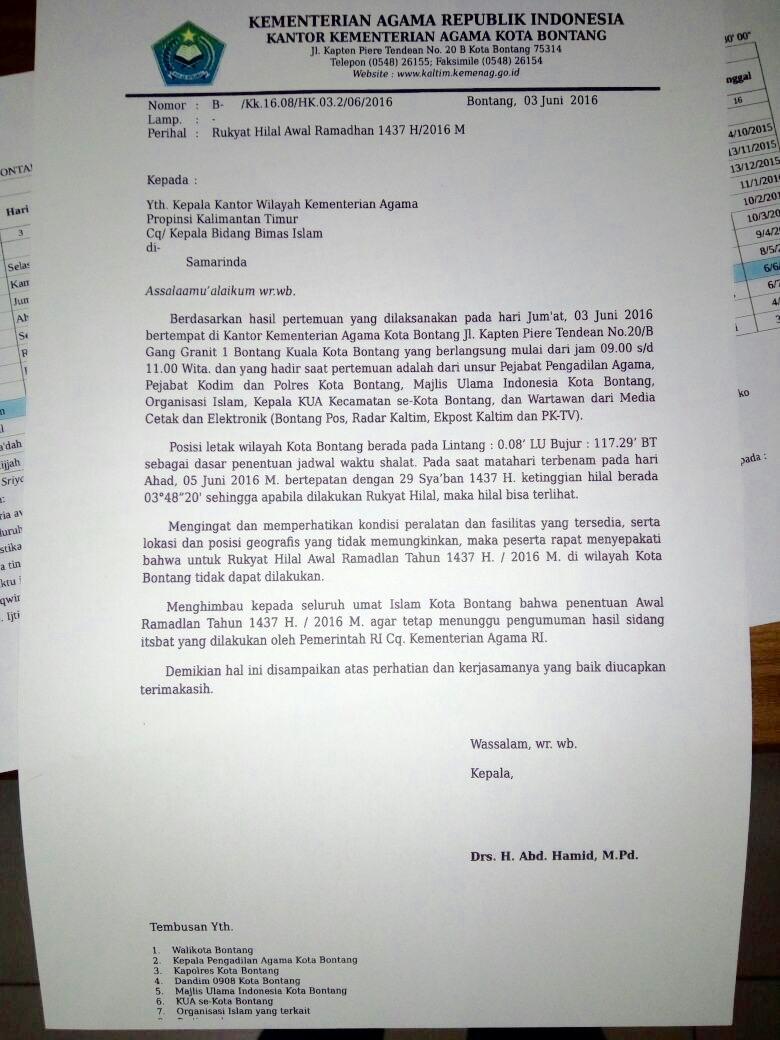 RUKYAT HILAL AWAL RAMADHAN 1437 HIJRIAH, TAK DAPAT DIGELAR DI KOTA BONTANG