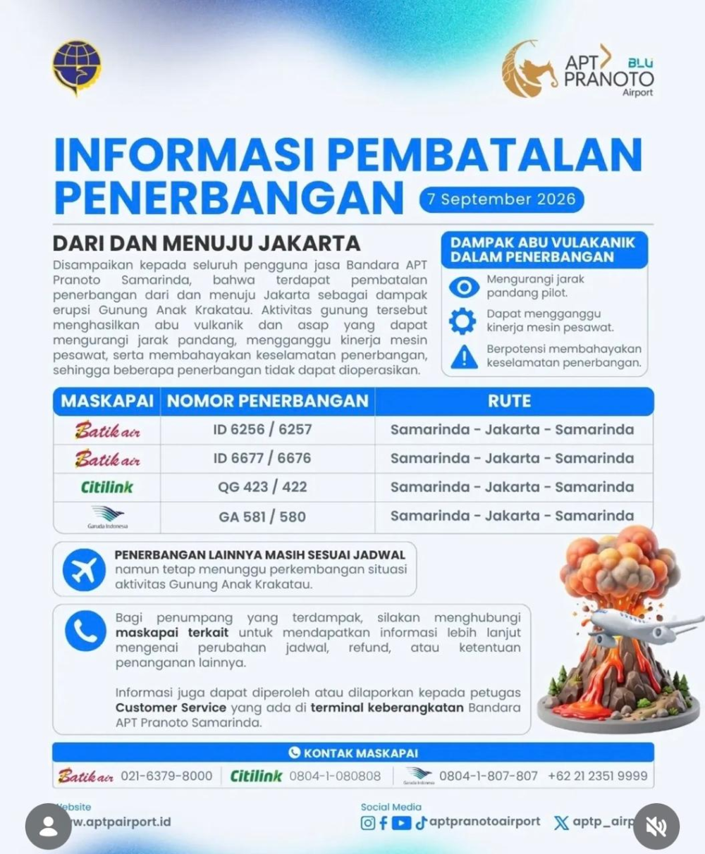 Penerbangan Samarinda–Jakarta Masih Lumpuh Imbas Abu Vulkanik, Ratusan Penumpang Terdampak