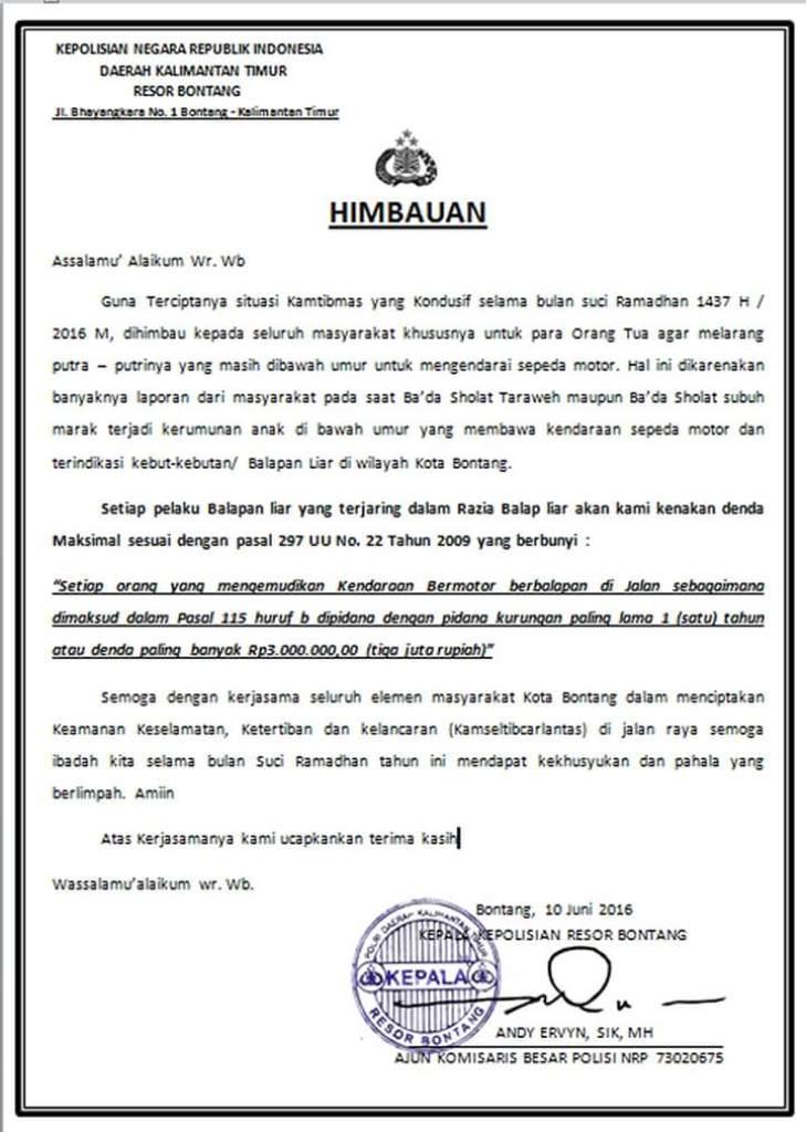 POLRES BONTANG KELUARKAN SURAT SAKTI CEGAH BALAPAN LIAR